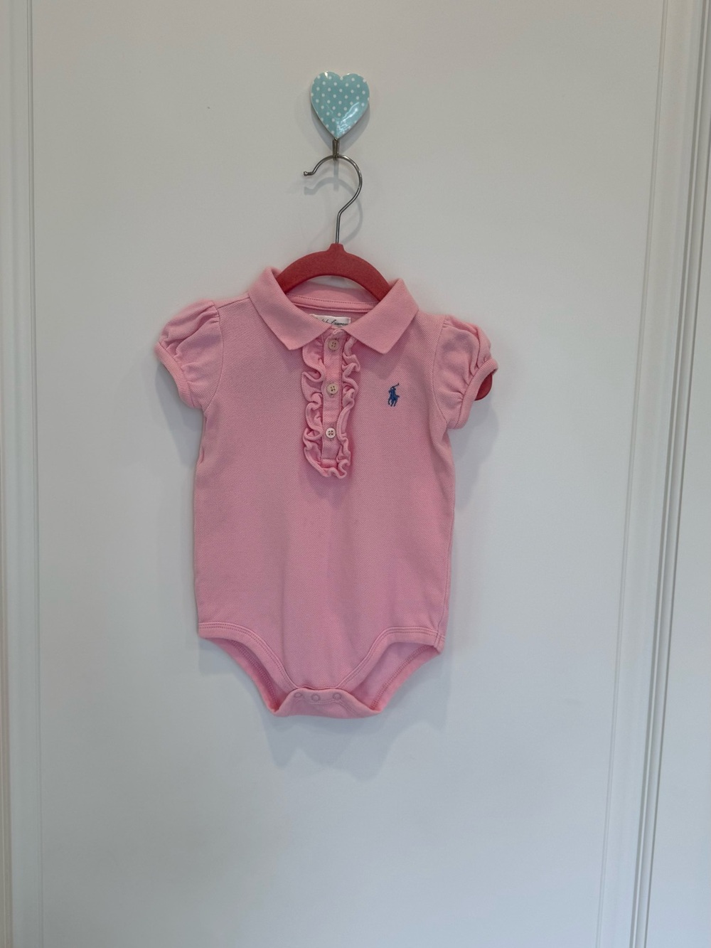 Ralph Lauren Baby Pink Polo Onesie with Ruffle Placket